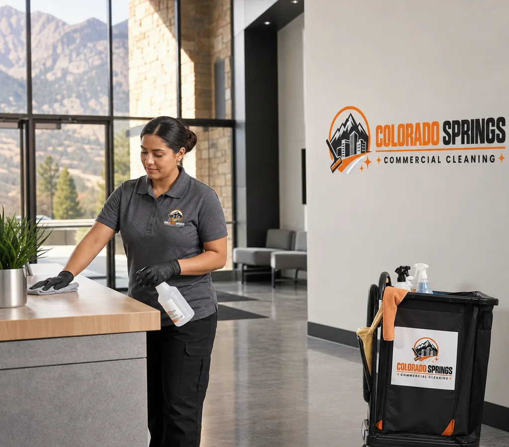 Commercial cleaner disinfecting a high-touch office lobby in a Colorado Springs commercial building
