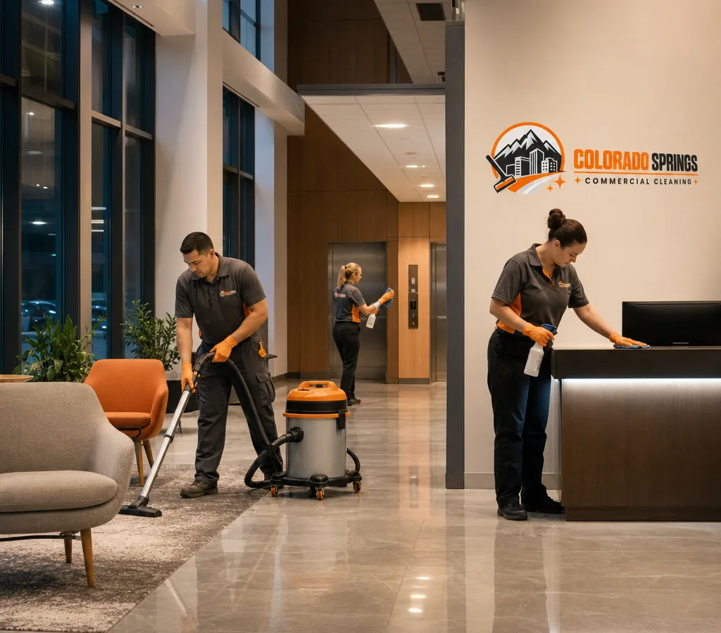 Wide, well-lit Colorado Springs office lobby being professionally cleaned after hours with vacuuming, surface wipe-downs, and glass detailing