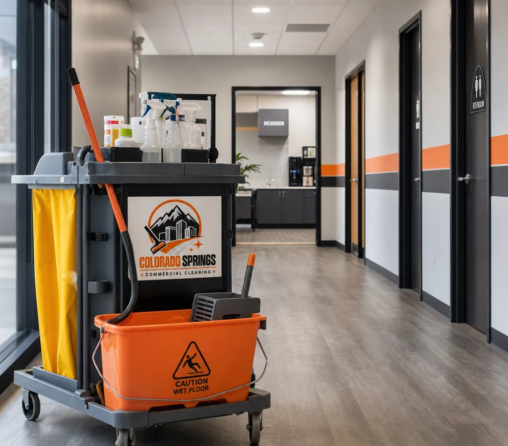 Daytime janitor cart staged neatly in a clean Colorado Springs office corridor with visible restroom and breakroom doors