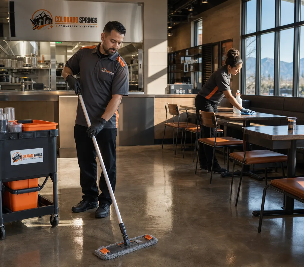 Cleaners mopping a Colorado Springs restaurant dining floor and wiping tables with the kitchen pass visible behind them