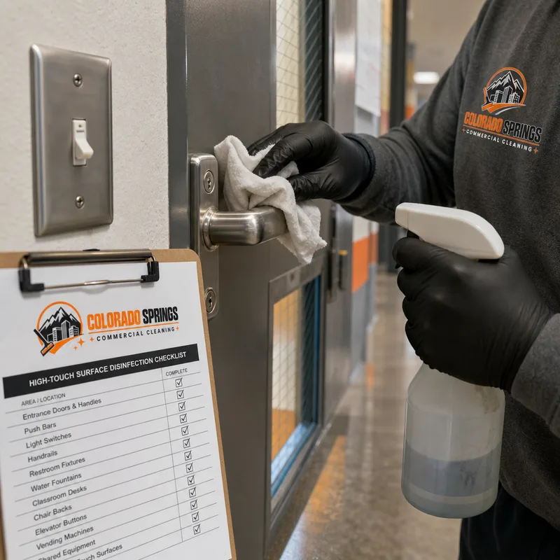Disinfecting door handles, push bars, and light switches in a school hallway using a visible checklist