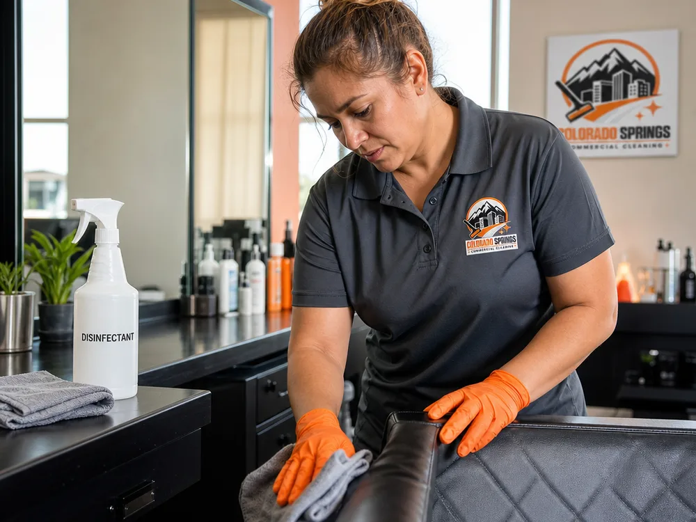 Cleaner detail-wiping a styling chair armrest and station countertop with microfiber cloths and labeled disinfectant nearby