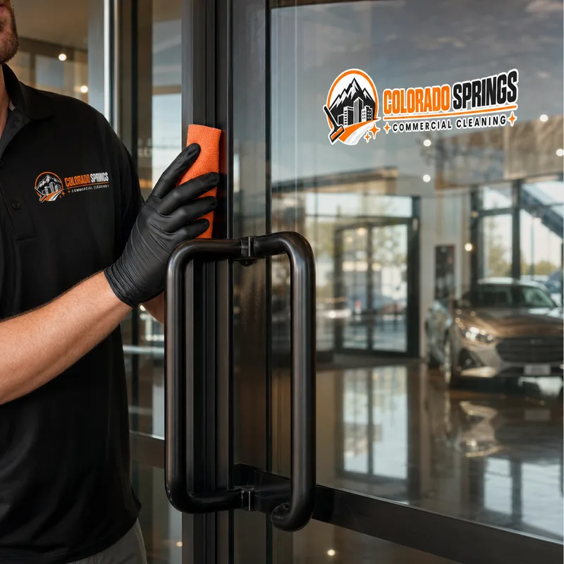 Interior showroom glass doors being cleaned for streak-free results at handles and other high-touch points