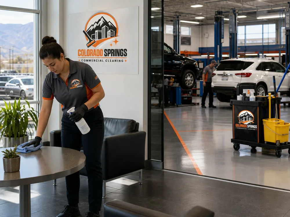 Clean dealership waiting area beside an organized service bay with swept floors, clear walk paths, and a safely staged cleaning cart