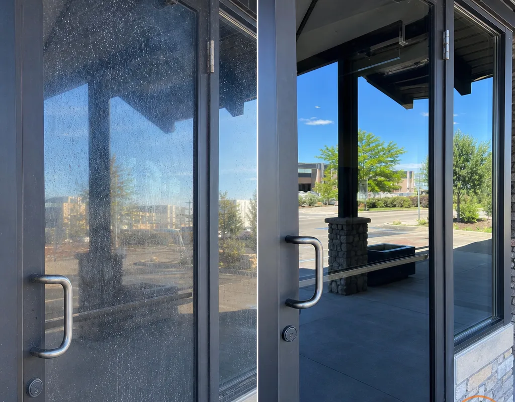 Before-and-after comparison of commercial entry glass with fingerprints and water spots removed