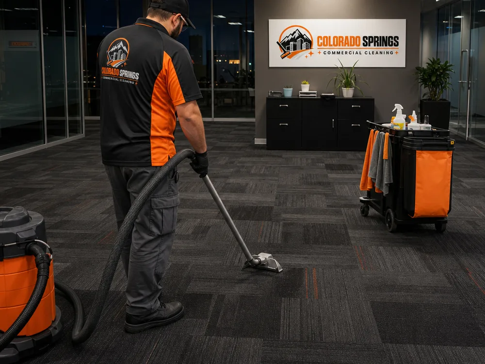 Technician vacuuming and spot-cleaning an empty office suite in the evening